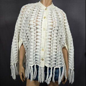 Vintage 60s 70s White Fringed Poncho Knit Sweater One Size Fairy Boho Festival